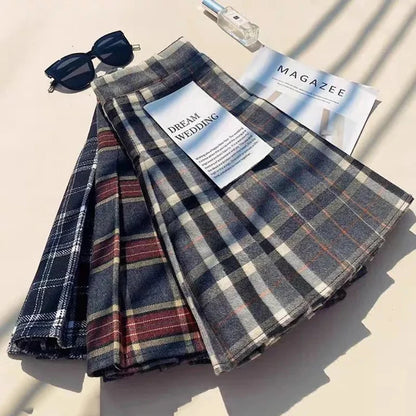 Plaid Woolen Pleated Skirts for Women Fall Winter High Waist Preppy Warm Mini Skirts Lady Fashion Korean All-Match A Line Skirts.