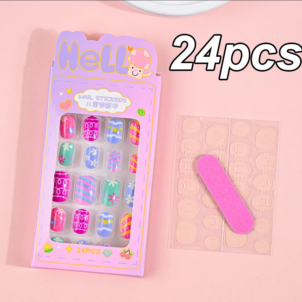 120pcs/box Pink Cartoon Children Press On Nails Candy Color Unicorn Cat Bunny Kids Full Cover False Nail Girls Party Nail Decora