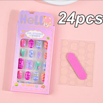 120pcs/box Pink Cartoon Children Press On Nails Candy Color Unicorn Cat Bunny Kids Full Cover False Nail Girls Party Nail Decora