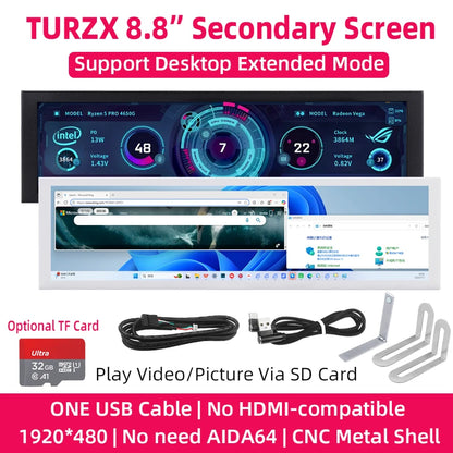 TURZX 8.8 Inch USB Secondary Screen Type-C Desktop Extended Display TF Card Play 1920*480 IPS LCD CPU RAM GPU Monitor NO AIDA64.