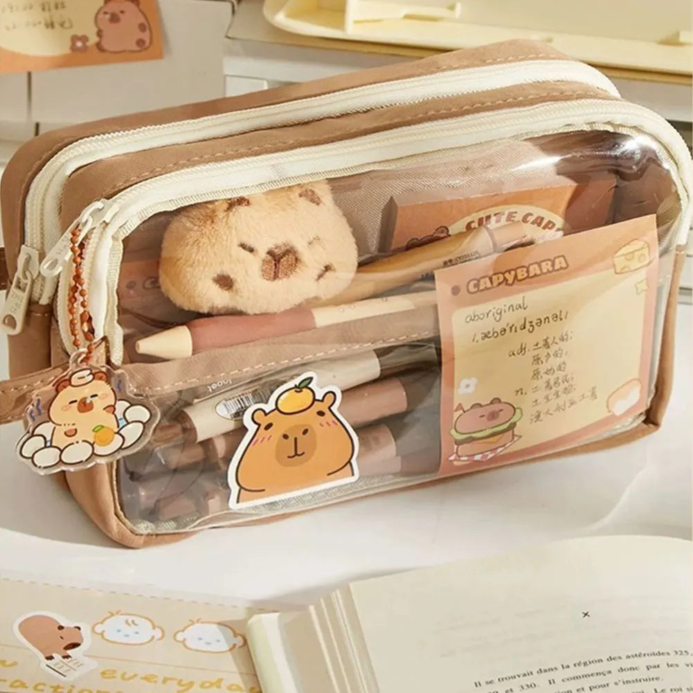 Capybara Kawaii Pencil Case with Compartments Stationary Bag Clear Pen Bag with Sticker Pendant for Office College School.