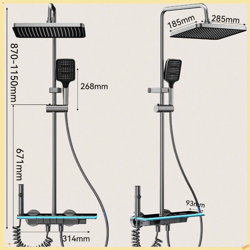 Graues Duschsystem mit Umgebungslicht, intelligentes digitales Duscharmatur-Set, Temperaturanzeige, Regen-Badezimmer-Duschset