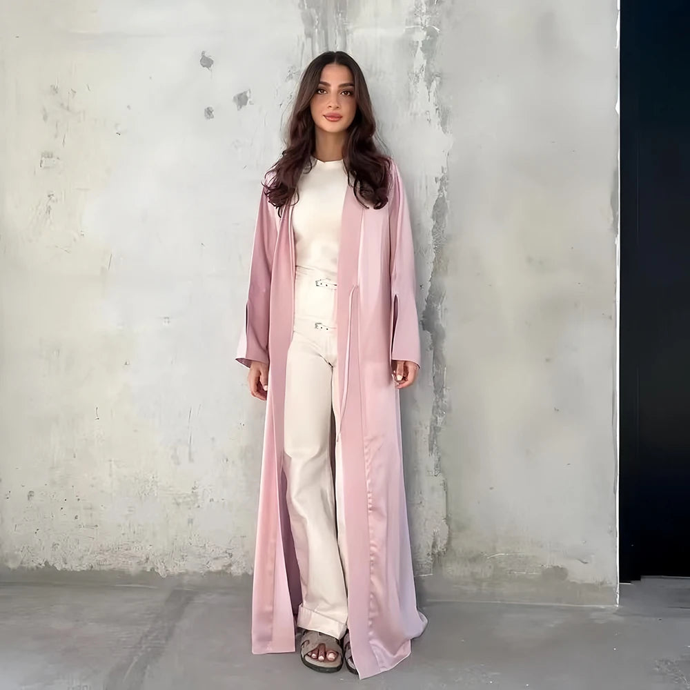 Girl Muslim Palestine Kaftan Dress Open Satin Kimono Pink Abaya Women Dubai Clothing Kebaya Robe Caftan Marocain Femme Musulmane.