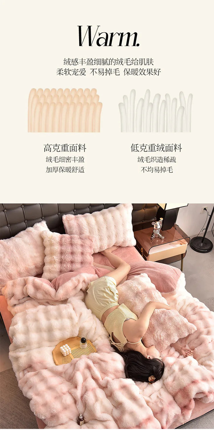 2024 new light luxury rabbit velvet four-piece set thickened warm milk velvet rabbit hair tie-dye bed sheet quilt cover.