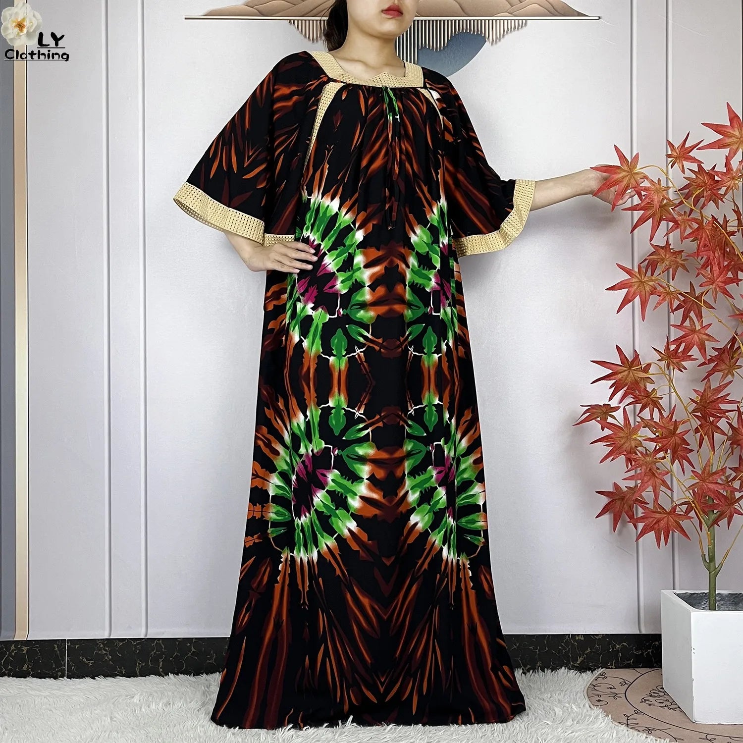 New Muslim Dress Woman Short Sleeve Dashiki African Abaya Tie-dyed Printing Cotton Loose Femme Robe Islamic Dresses With Scarf.