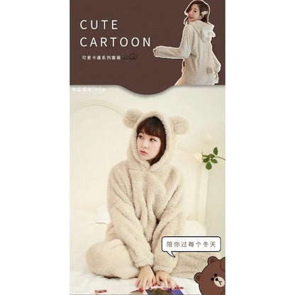 Verdickte warme Flanell Herbst und Winter Frauen Cartoon Plüsch mit Kapuze Bär Nachtwäsche Loungewear zweiteilige solide Nachtwäsche Homewe.