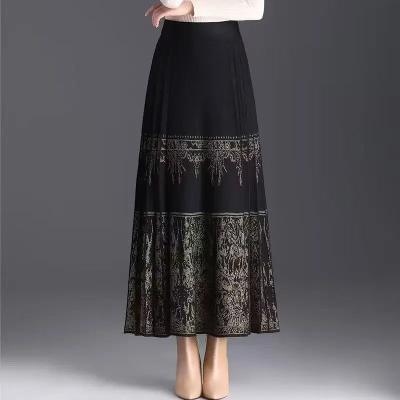 FairyShely Pleated Knitted Skirt For Women 2025 Autumn Winter Warm High Waist Long Skirts Ladies Plus Size Black A-line Skirt.