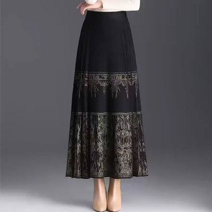 FairyShely Pleated Knitted Skirt For Women 2025 Autumn Winter Warm High Waist Long Skirts Ladies Plus Size Black A-line Skirt.