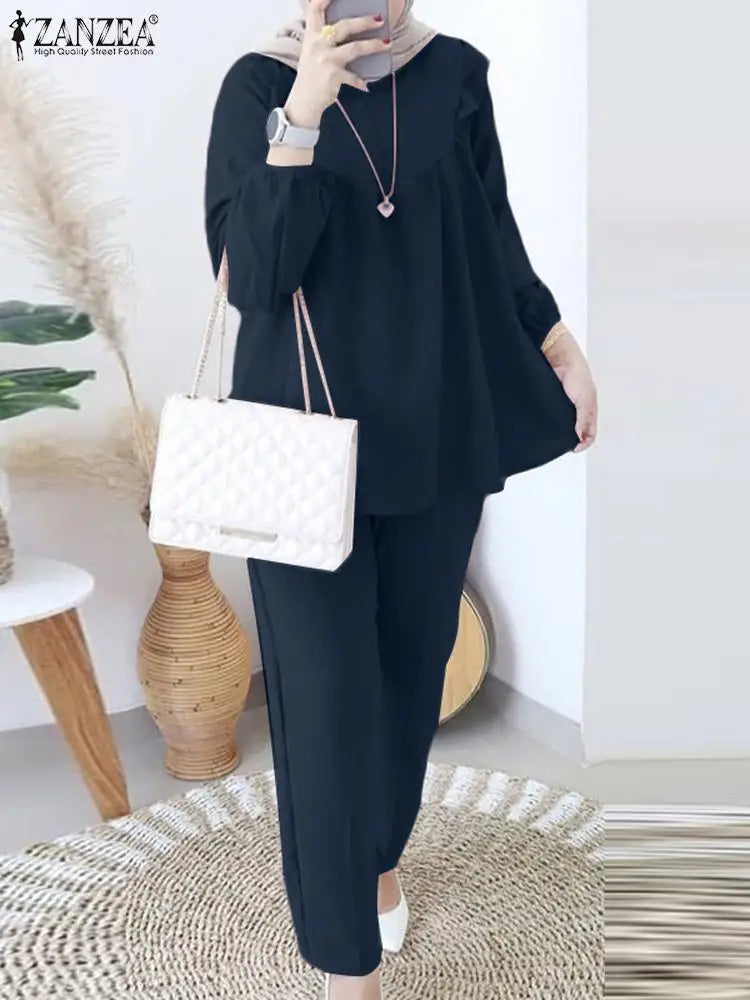 ZANZEA Women Elastic Waist Trouser 2pcs Tracksuit Muslim Fashion Long Sleeve Ruffles Tops Turkey Pant Sets Elegant Matching Sets.