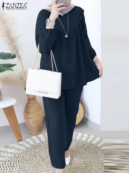 ZANZEA Women Elastic Waist Trouser 2pcs Tracksuit Muslim Fashion Long Sleeve Ruffles Tops Turkey Pant Sets Elegant Matching Sets.