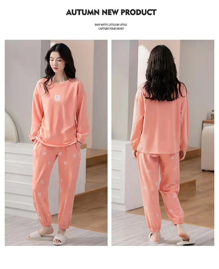 Gebündelte Füße Pyjama Frauen Frühling Herbst Langarm Terylen Baumwolle Frauen Herbst-Winter Plus-Size-Freizeit Herbst Home Wear Set.