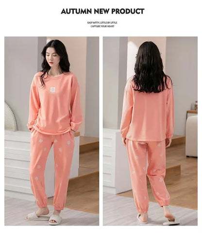 Gebündelte Füße Pyjama Frauen Frühling Herbst Langarm Terylen Baumwolle Frauen Herbst-Winter Plus-Size-Freizeit Herbst Home Wear Set.