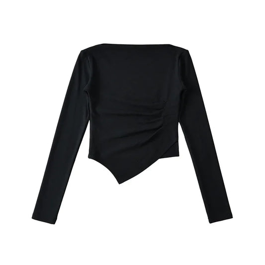 Slim Fit Long Sleeve T-Shirt Women's Shoulder Bared One-Shoulder Design Crease Asymmetrical Pure Desirable Spicy Girl Style.
