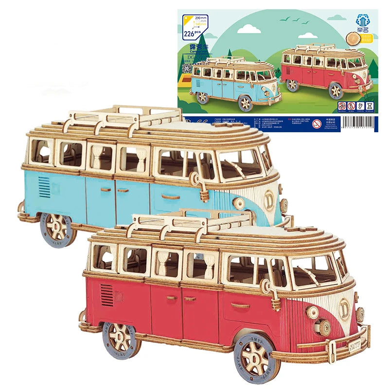 Retro Bus European-style Campervan 3D Wooden Car Puzzle DIY Sailing Ship Airplane Building House Model Jigsaw Toys For Children.