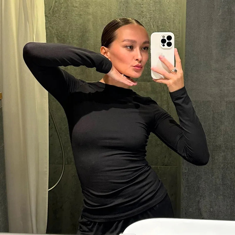 Apprabant Solid Pleated Casual Basic Trousers Set Round Neck Long Sleeve Top Fashion Sports Style High Waist Wide Leg Pants Suit