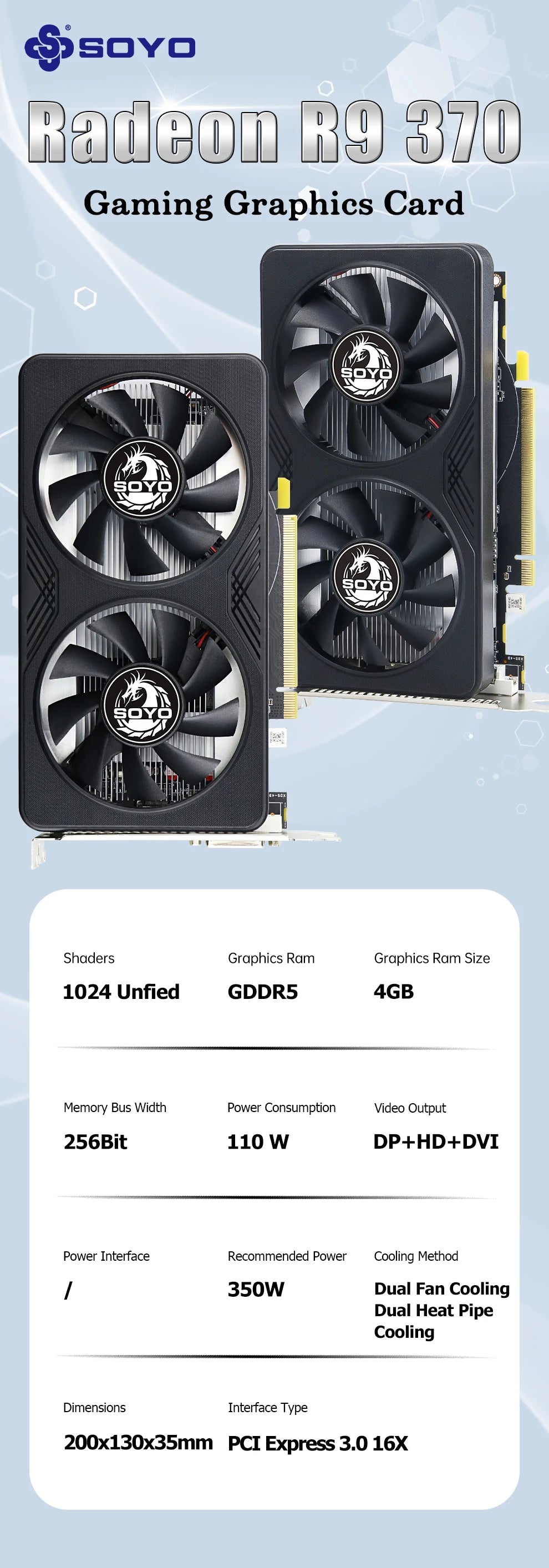 SOYO R9 370 Graphics Cards 4G DDR5 256bit HDMI compatibility+DP+DVI For Desktop Gaming Computer Components GPU Video Card.