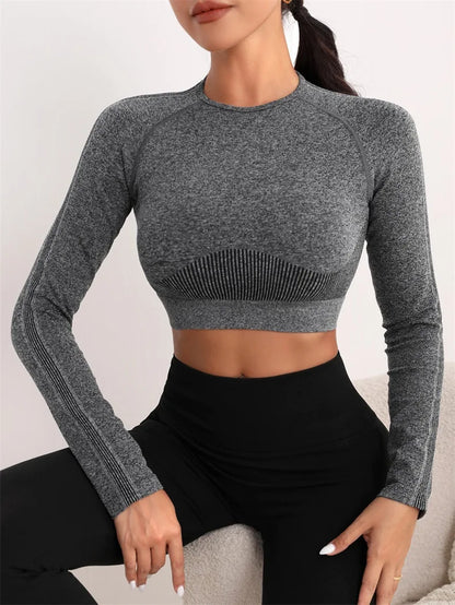 Woman Sports Workout Yoga Top Knitted Shirt Seamless Athletic Crop Top  Long Sleeve Workout Tops for Women Fashion Gym Clothes.