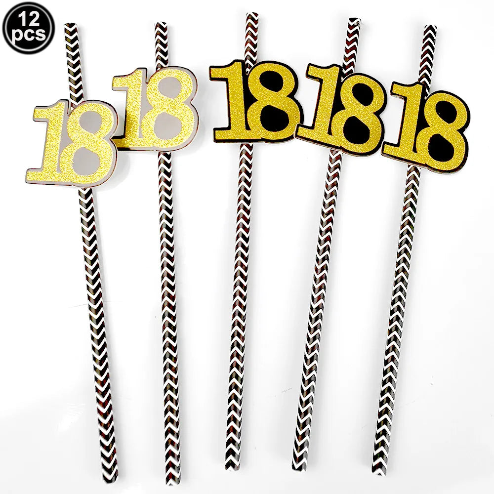 Dekore zum 18. Geburtstag für Jungen und Mädchen, Schwarz-Gold, Party-Banner, Ballon-Tischdecke, Teller, Tasse, Serviette, Partyzubehör zum 18. Geburtstag