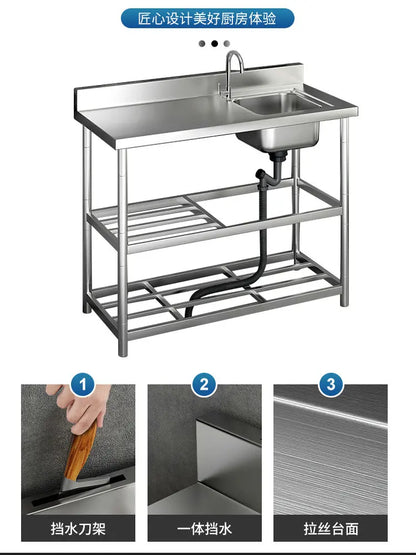 Free Standing Whole Body 100% Stainless Steel 304 Vegetables Wash Basin Kitchen Sink Pool with Bracket and Board