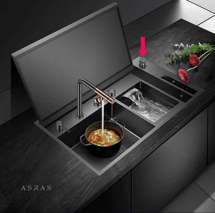 ASRAS Hidden Double Sinks Smart Purifying Kitchen Island Sinks Flip Cover Hidden 4mm Thickness Handmade kitchen Sinks