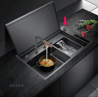 ASRAS Hidden Double Sinks Smart Purifying Kitchen Island Sinks Flip Cover Hidden 4mm Thickness Handmade kitchen Sinks