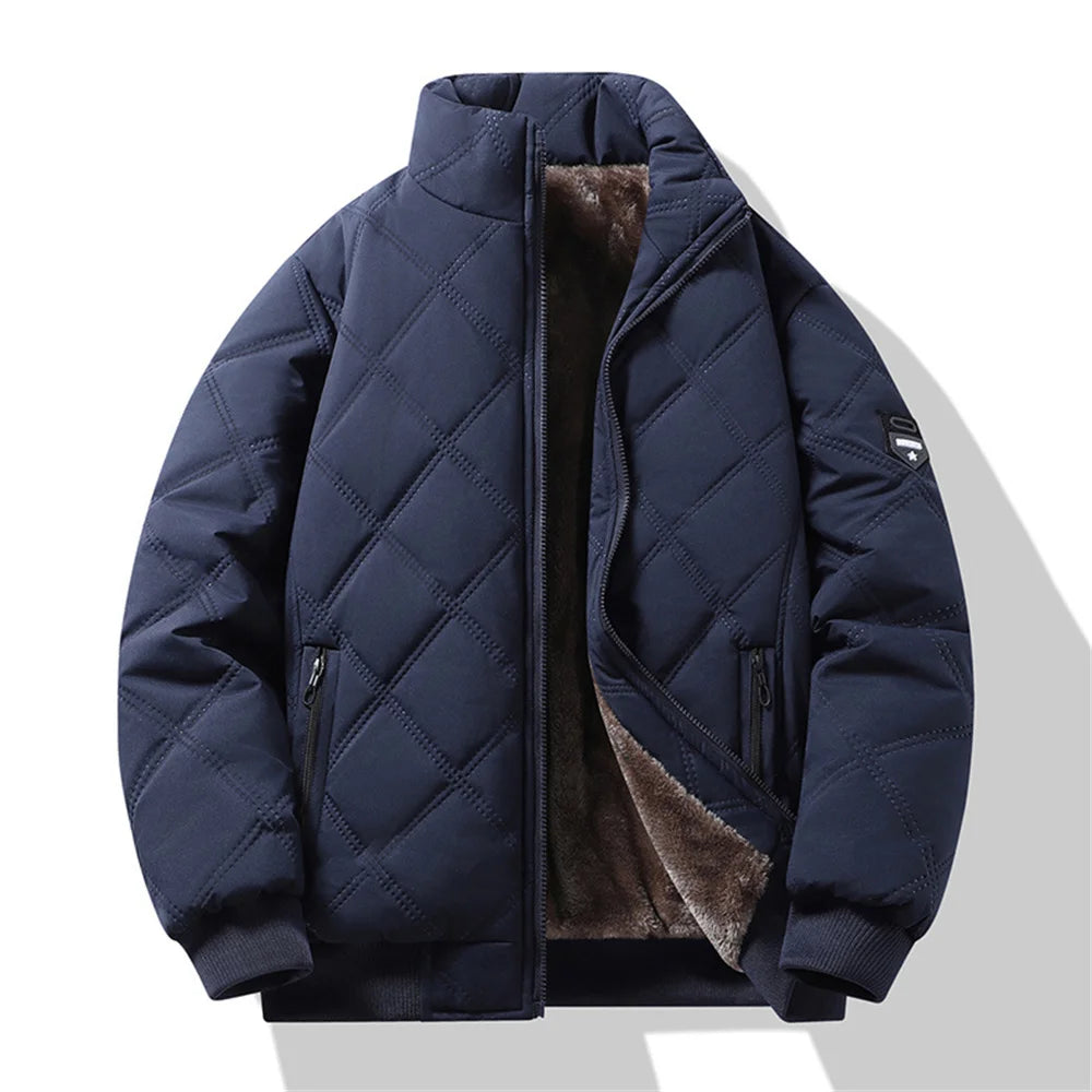 New Windproof Thermal Diamond-Quilted Cotton Jacket Winter Men's Fleece-Lined Thickened Cuff Design Stand-Up Collar Jacket