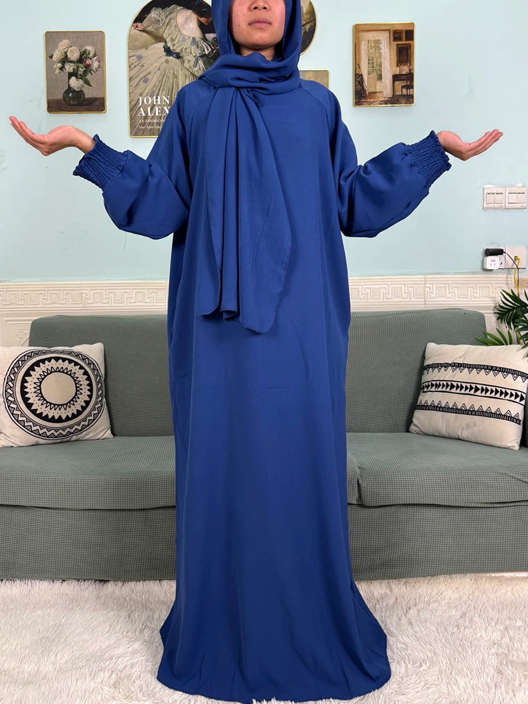 Muslim Abaya Ramadan 2025 For Women Pure Cotton Loose Prayer Femme Robe Elastic Cuffs African Dress With Connected Hijabs Scarf.
