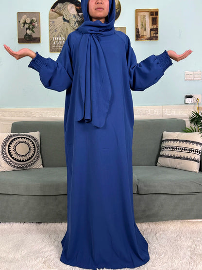 Muslim Abaya Ramadan 2025 For Women Pure Cotton Loose Prayer Femme Robe Elastic Cuffs African Dress With Connected Hijabs Scarf.