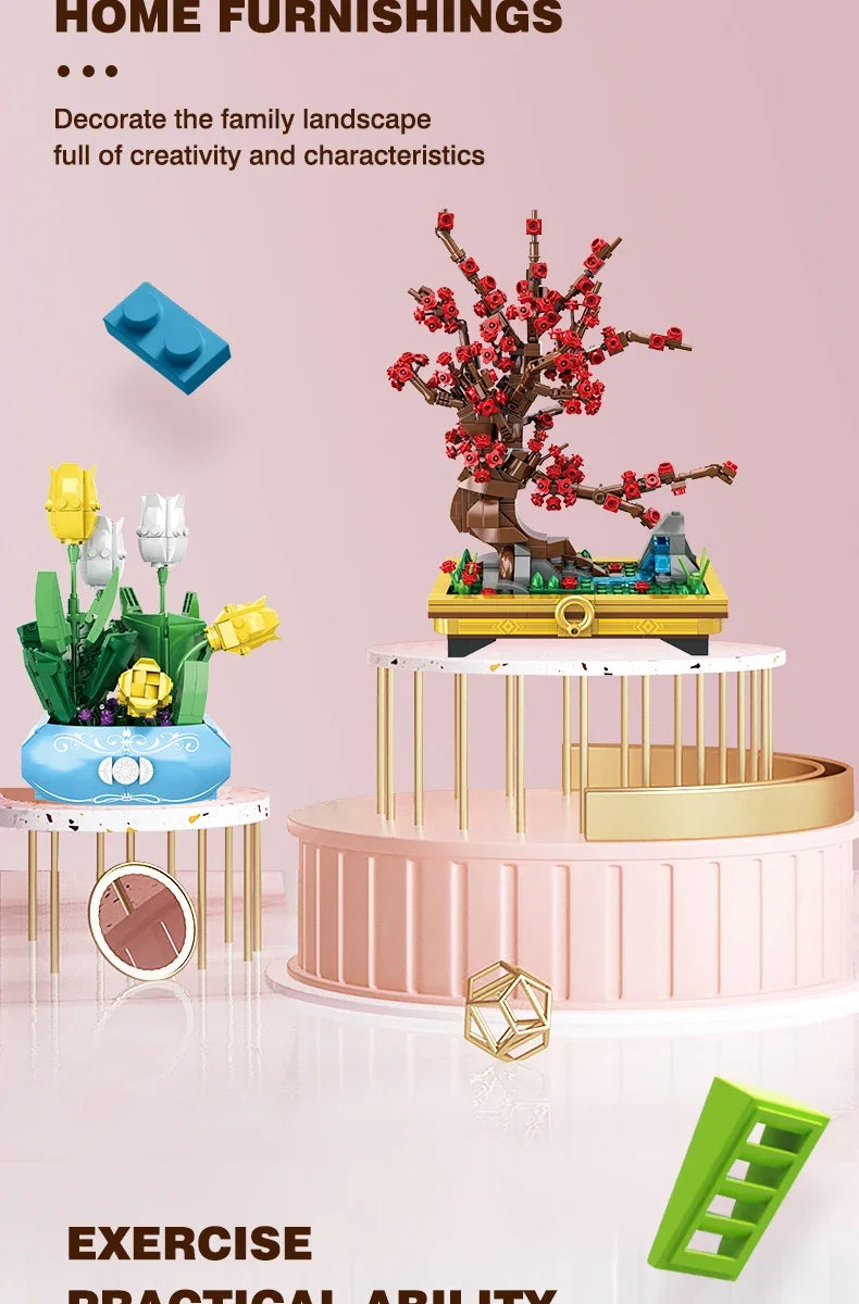 Small Bricks Flower Tree Building Block Kit DIY Home decoration Potted Plant Flower Botanical Construction Toy Girl Gift.