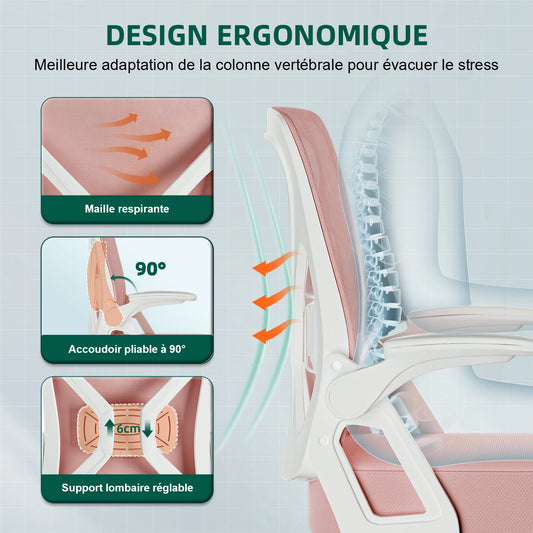 AUTHMIC Ergonomischer Netz-Bürostuhl mit Lordosenstütze, hochklappbaren Armlehnen, verstellbarer und höhenverstellbar für den Schreibtisch zu Hause – Rosa
