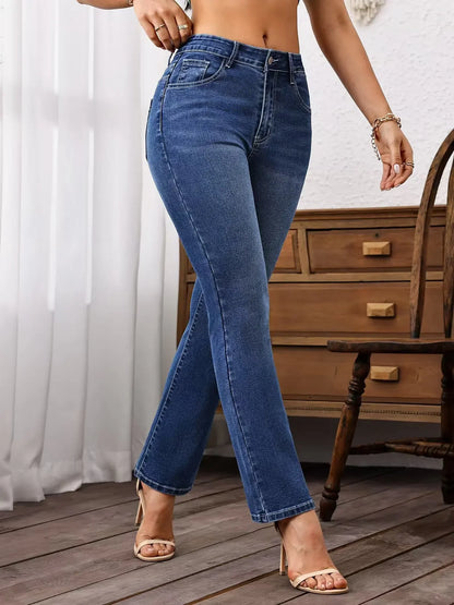 Classic Retro Style Solid Color Denim Pants Elastic Slimming Flared Long Trousers High Waist Jeans Women's Fashion Decorative Bu.