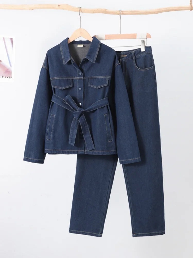 Retro Classic Denim Jacket Pants 2pcs Set Strap Coat Women Straight Leg Pants Autumn Stylish Women's Casual Suit.