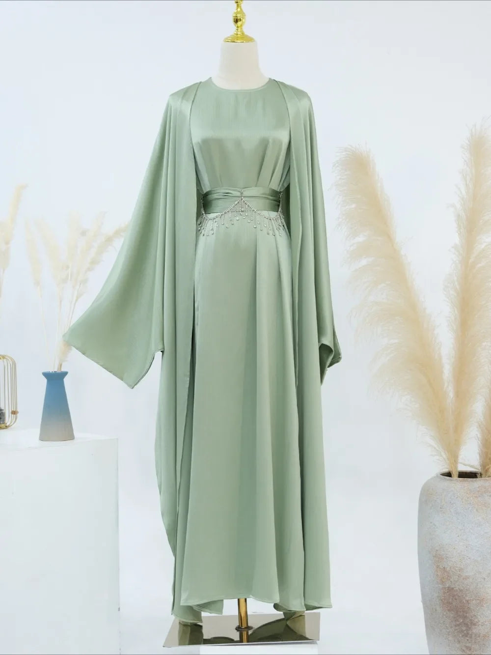 Ramadan Muslim Women 2 Piece Set with Chain Party Dresses Abaya Eid Jalabiya Sashes Diamond Morocco Dubai Kaftan Cardigan Robe.