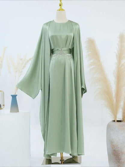 Ramadan Muslim Women 2 Piece Set with Chain Party Dresses Abaya Eid Jalabiya Sashes Diamond Morocco Dubai Kaftan Cardigan Robe.