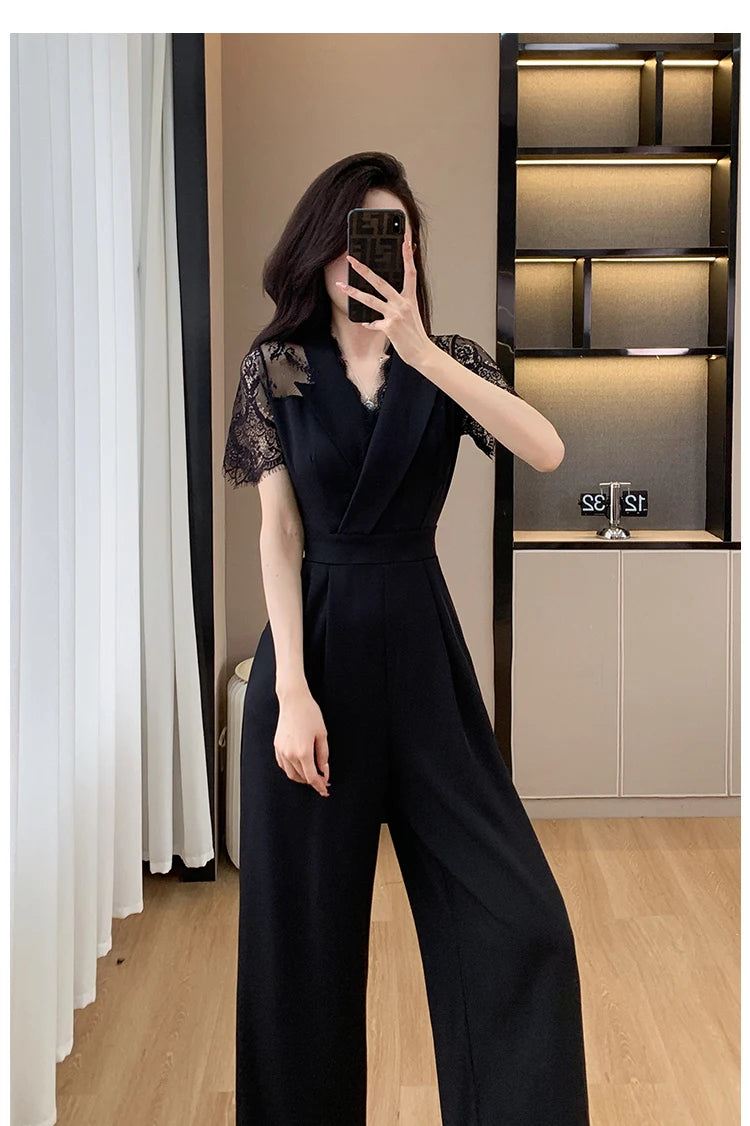 LYX High-Cold Lady Style Romper Women Summer Short Sleeve High Waist Lace Splicing Hollow out One-Piece Straight Leg Pants.