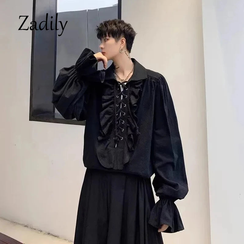 Pirate Shirt for Men Vintage Gothic Renaissance Style Frilled Lace-Up Medieval Buccaneer Blouse Top for All Seasons.