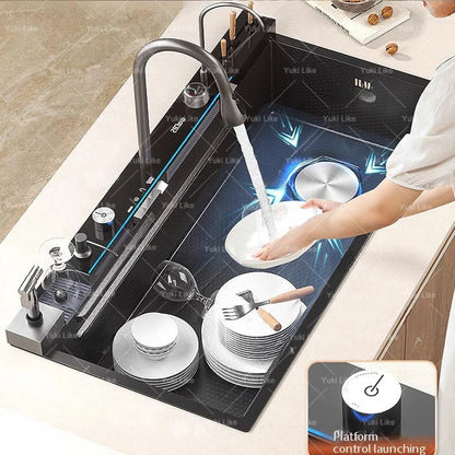 Edelstahl-Wasserfall-Küchenspüle, Digitalanzeige, Wasserhahn-Set, geprägt, extra groß, Einzelschlitz, mehrere Spülmaschinen