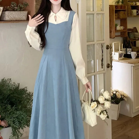 Solide Patchwork Vierkant hals Langarm gefälschte zweiteilige Kleider elegante Mode Harajuku weibliche Kleidung lässig alle Match Rock
