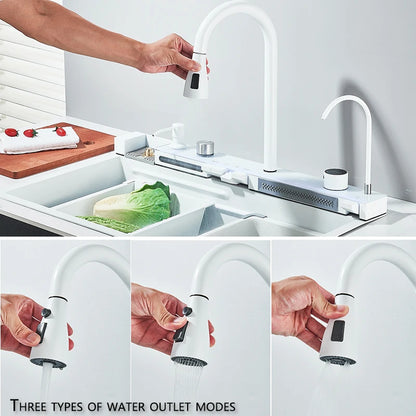 Multifunktionaler digitaler fliegender Regenhahn, weiß, doppelter Wasserfall, Edelstahl-Waschbecken, Küchenspüle, geprägt, großer Einzelschlitz