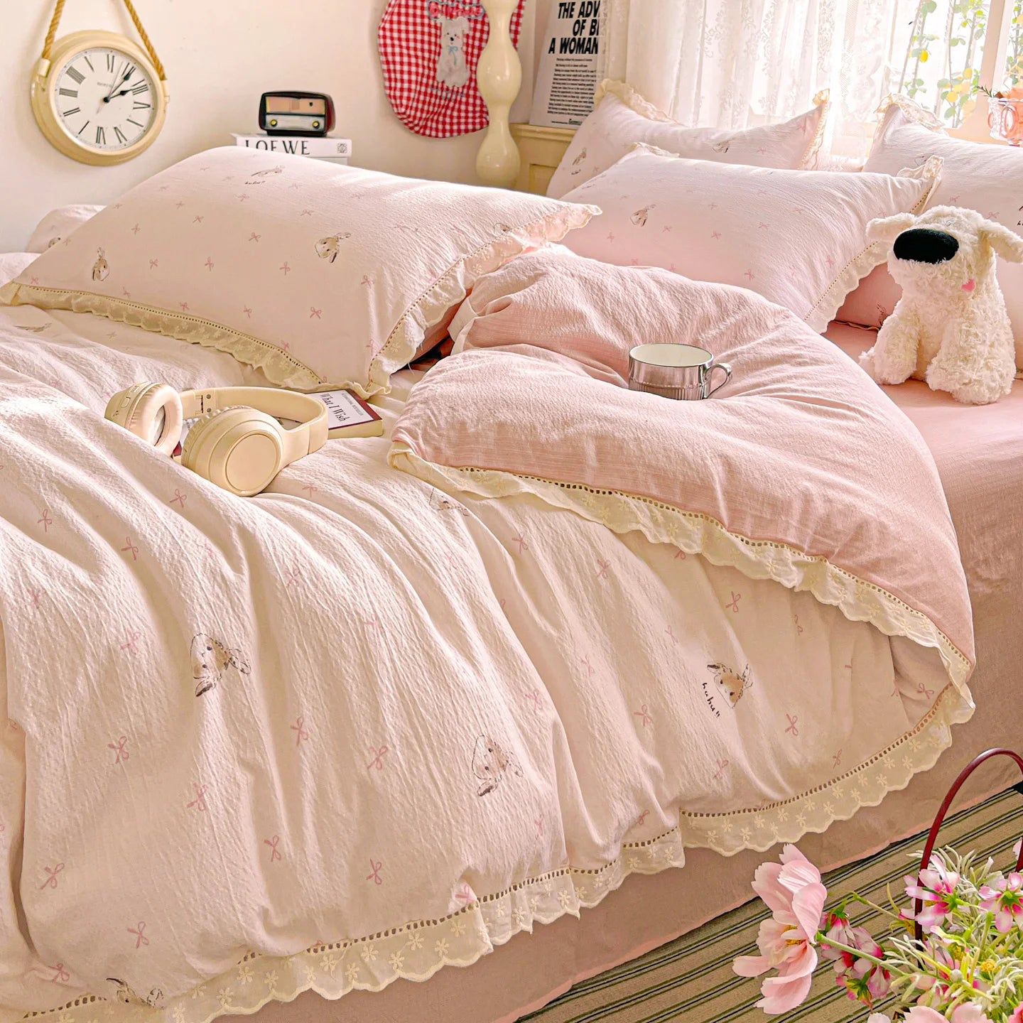 2025 new small fresh printing French lace lace double four-piece set bedding wrinkled yarn student three-piece set
