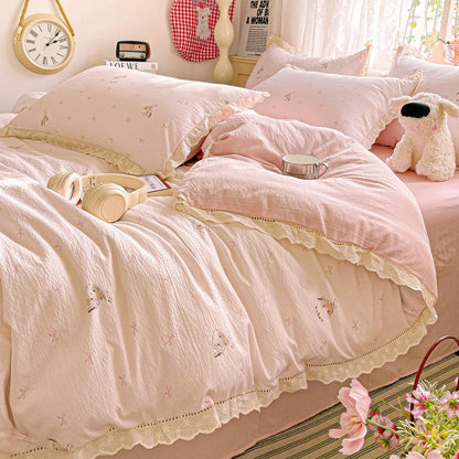 2025 new small fresh printing French lace lace double four-piece set bedding wrinkled yarn student three-piece set