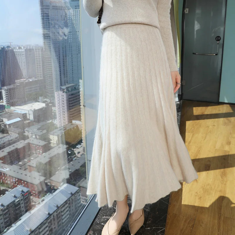 mink cashmere skirt Fashion long dress women A-line skirt autumn winter loose pleated skirt elegant high-waisted skirt ladies