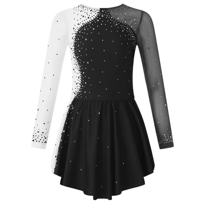 6-16Y Mädchen Eiskunstlauf Tanz Kleid Ballett Gymnastik Trikot Langarm Shiny Strass Sheer Mesh Leistung Dancewear