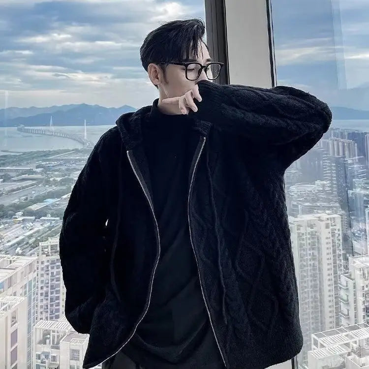Men's Fashionable Simple Zip-Up Knit Cardigan with Hood - Korean Style Twisted Texture Warm Outerwear for Autumn & Winter.