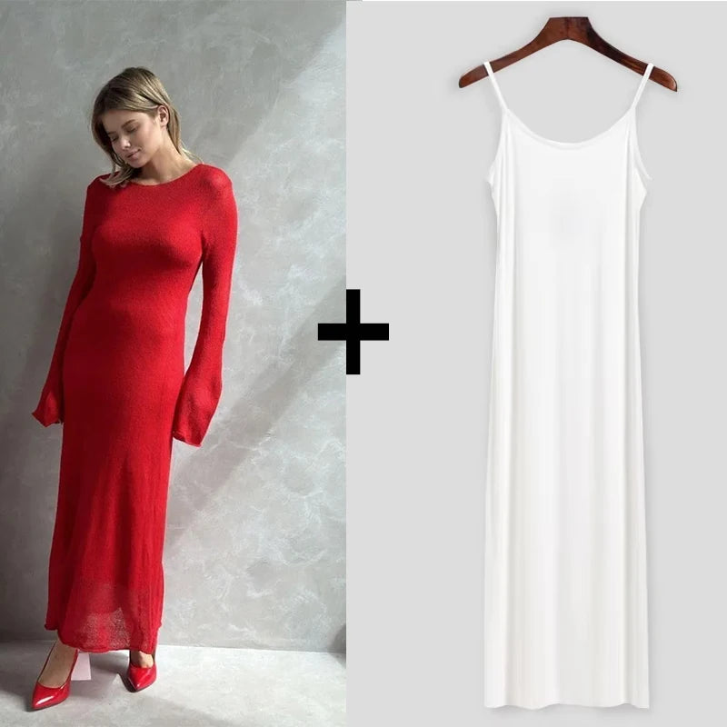 Hirsionsan Frühling Herbst Oansatz Elastische Stricken Lange Kleider Frauen 2024 Elegante Chic Weiche Dame Aushöhlung Pullover Kleider Femme Neue