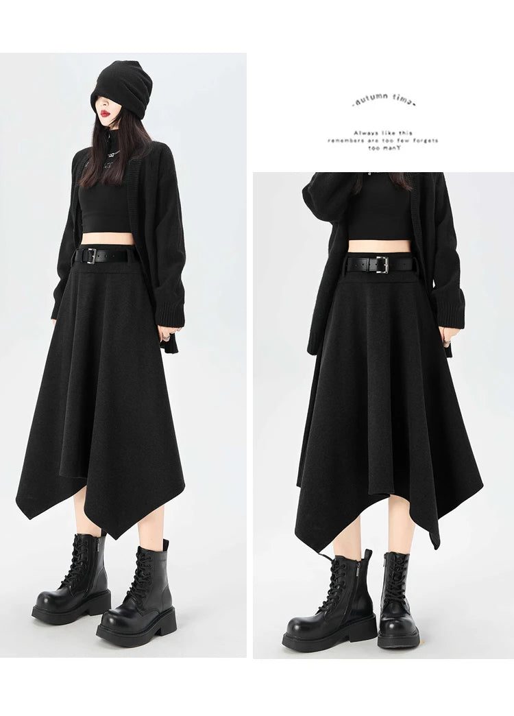 High Quality Irregular Woolen Skirt Women 2025 Autumn Winter New High Waist Slimming Midi Skirt Elegant A-line Faldas with Belt.