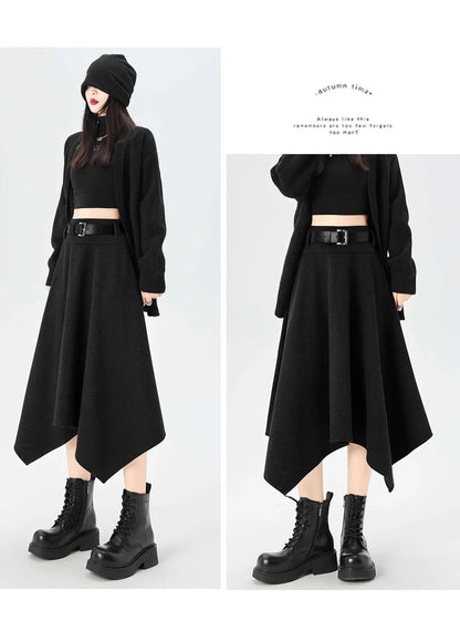 High Quality Irregular Woolen Skirt Women 2025 Autumn Winter New High Waist Slimming Midi Skirt Elegant A-line Faldas with Belt.