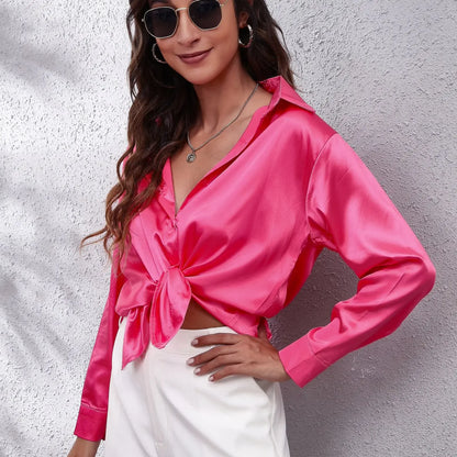 Autumn Women Solid Satin Shirt Long Sleeve Imitation Silk Loose Button Up Blouse Shirt Ladies Tops Fashion Clothing.
