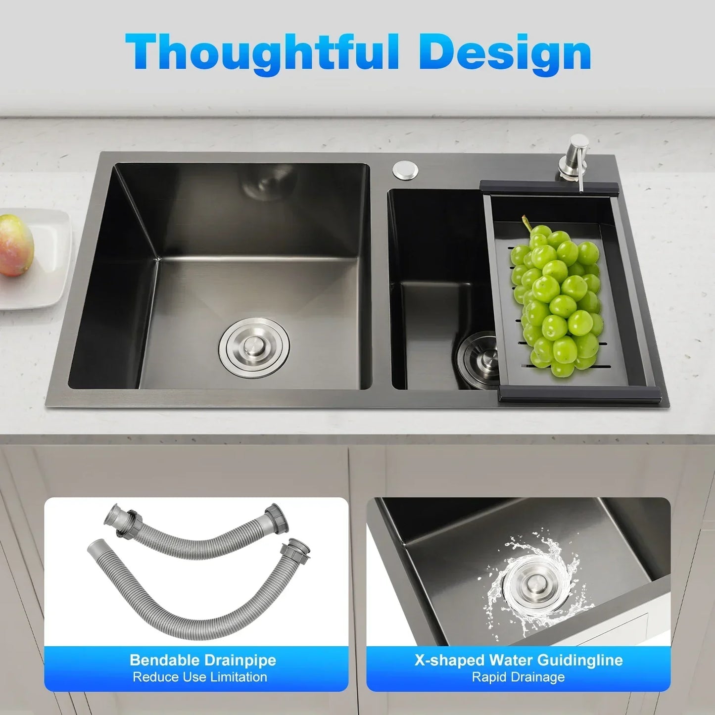 Rainaut Küchenspüle aus Edelstahl 304, Doppelschüssel-Einbaumkorb mit Abtropffläche + Seifenspender, rechteckige Spüle, 78 x 43 x 22 cm