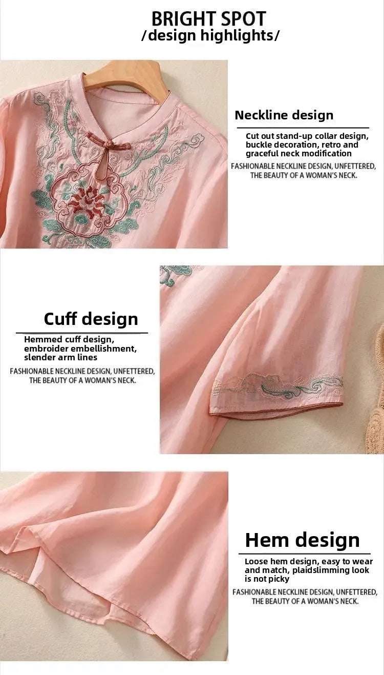 Retro Chinesischen Stil Lose Fit Baumwolle Leinen Kurzarm Shirt frauen Sommer Schwere Stickerei Abnehmen Top Flagge Kleid.